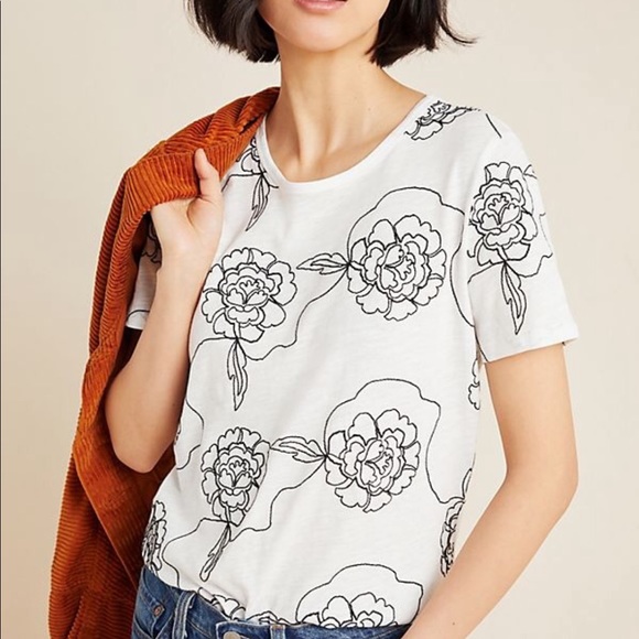 White + Warren x Anthropologie Sabine Floral Embroidered Sm White Black Cotton T - Picture 1 of 7